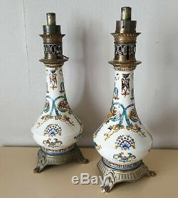 Pair Of Earthenware Lamps Gien Renaissance Decor Height 49 CM Age XIX