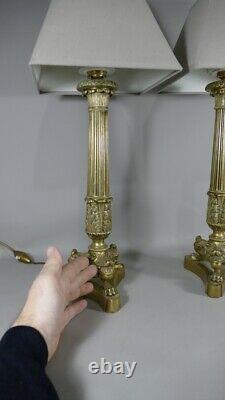 Pair Of Flambeaux Mounted In Bronze Lamp, Restoration Era, 19th Century