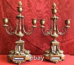Pair Of Gilded Bronze Candlesticks / Porcelain Plate Napoleon III 19th Century