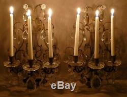 Pair Of Girandoles Candles In Bronze And Crystal Pendants, Xixth Time