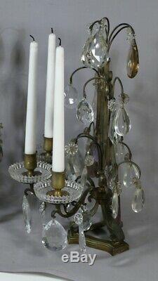 Pair Of Girandoles Candles In Bronze And Crystal Pendants, Xixth Time