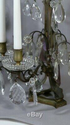 Pair Of Girandoles Candles In Bronze And Crystal Pendants, Xixth Time