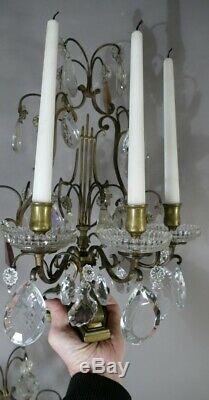 Pair Of Girandoles Candles In Bronze And Crystal Pendants, Xixth Time