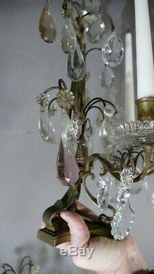 Pair Of Girandoles Candles In Bronze And Crystal Pendants, Xixth Time