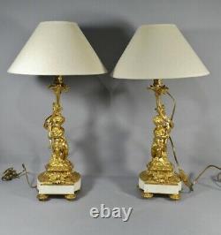 Pair Of Lamps Aux Putti In Bronze Doré, Napoleon III Era, Xixth