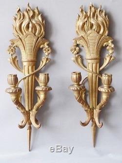 Pair Of Louis XVI Sconces In Golden Carved Wood, With Flambeaux, Xixth Time