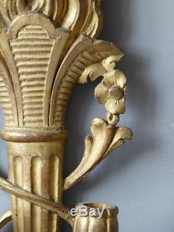 Pair Of Louis XVI Sconces In Golden Carved Wood, With Flambeaux, Xixth Time