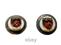 Pair Of Metal Buttons & Porcelain Dog Head Age XIX Antique Buttons