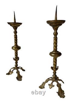 Pair Of Pique-cierges À Fut Torsade Bronze & Brass Doré Église Époque XIX Ème