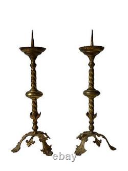 Pair Of Pique-cierges À Fut Torsade Bronze & Brass Doré Église Époque XIX Ème