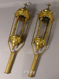 Pair Of Procession Lanterns In Golden Brass And Glass, Era Xixth