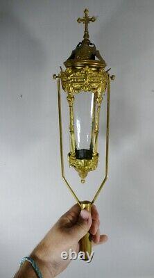 Pair Of Procession Lanterns In Golden Brass And Glass, Era Xixth