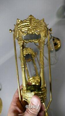 Pair Of Procession Lanterns In Golden Brass And Glass, Era Xixth