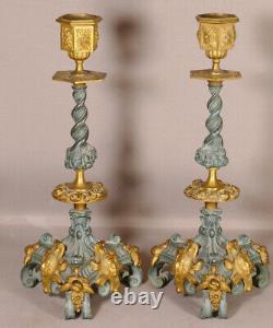 Pair Of Renaissance Neo Candlesticks In Golden Bronze And Green Skate, Era Xixeem