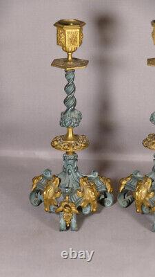 Pair Of Renaissance Neo Candlesticks In Golden Bronze And Green Skate, Era Xixeem