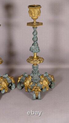 Pair Of Renaissance Neo Candlesticks In Golden Bronze And Green Skate, Era Xixeem