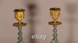 Pair Of Renaissance Neo Candlesticks In Golden Bronze And Green Skate, Era Xixeem