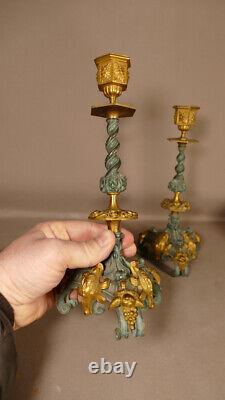 Pair Of Renaissance Neo Candlesticks In Golden Bronze And Green Skate, Era Xixeem