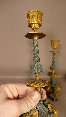 Pair Of Renaissance Neo Candlesticks In Golden Bronze And Green Skate, Era Xixeem