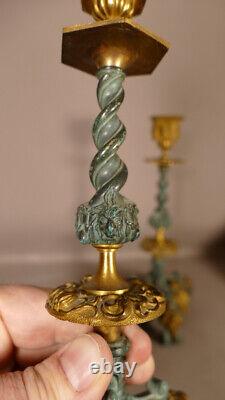 Pair Of Renaissance Neo Candlesticks In Golden Bronze And Green Skate, Era Xixeem