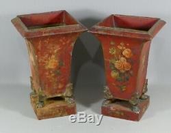 Pair Of Vases Planters Sheet Metal Painted Flowers, Empire Period, Early Nineteenth Em