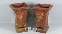 Pair Of Vases Planters Sheet Metal Painted Flowers, Empire Period, Early Nineteenth Em