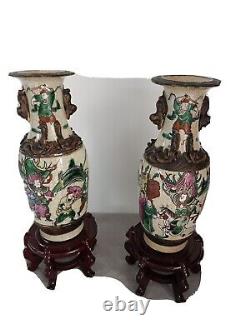 Pair Vases Nanquin In Very Good Condition Era Xixth Warriors Dogs Fo Emperor