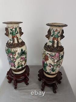 Pair Vases Nanquin In Very Good Condition Era Xixth Warriors Dogs Fo Emperor