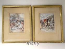 Pair Watercolors Elegant Figures Carriages Belle Epoque Nineteenth Izard