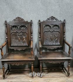 Pair of Breton armchairs in carved wood, 19th century