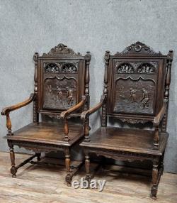 Pair of Breton armchairs in carved wood, 19th century
