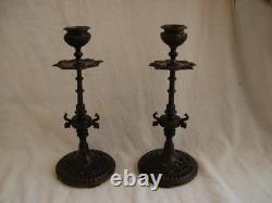 Pair of Bronze Candlesticks, with Brown Patina, 19th Century