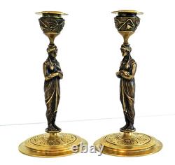 Pair of Bronze Candlesticks with Caryatids, Napoleon III Period, 19th Century