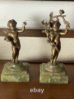 Pair of Bronze Cherub Statuettes, Napoleon III Period, Green Onyx Bases
