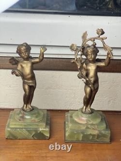 Pair of Bronze Cherub Statuettes, Napoleon III Period, Green Onyx Bases