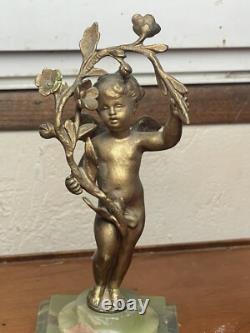Pair of Bronze Cherub Statuettes, Napoleon III Period, Green Onyx Bases