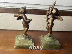 Pair of Bronze Cherub Statuettes, Napoleon III Period, Green Onyx Bases