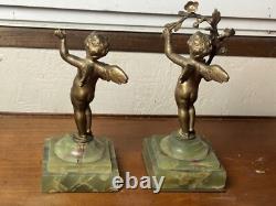 Pair of Bronze Cherub Statuettes, Napoleon III Period, Green Onyx Bases