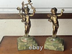 Pair of Bronze Cherub Statuettes, Napoleon III Period, Green Onyx Bases