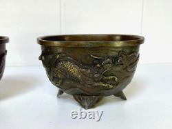 Pair of Bronze Cups from Asia, 19th Century, High Period Decor, Qilin & Phoenix, Japan, 19th Century