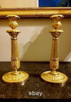 Pair of Candelabra in Chiseled and Gilded Bronze, 19th Century, circa 1820