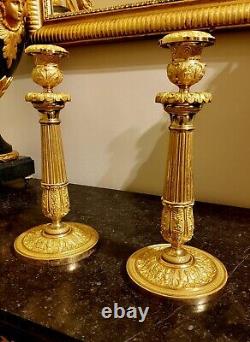 Pair of Candelabra in Chiseled and Gilded Bronze, 19th Century, circa 1820