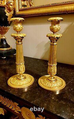 Pair of Candelabra in Chiseled and Gilded Bronze, 19th Century, circa 1820