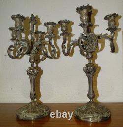 Pair of Candelabras, 5-light chandeliers in silver-plated metal, 19th century