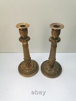 Pair of Candlesticks, Gilt Bronze Torches, Empire Period, Restoration, 19th Century