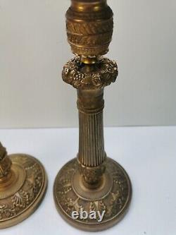 Pair of Candlesticks, Gilt Bronze Torches, Empire Period, Restoration, 19th Century