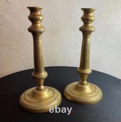 Pair of Candlesticks, Restoration Period, Engraved Bronze and Brass, 19th Century