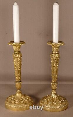 Pair of Chiseled Bronze Candlesticks with Flowers, Restoration Period, 19th Century