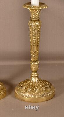 Pair of Chiseled Bronze Candlesticks with Flowers, Restoration Period, 19th Century