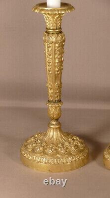 Pair of Chiseled Bronze Candlesticks with Flowers, Restoration Period, 19th Century